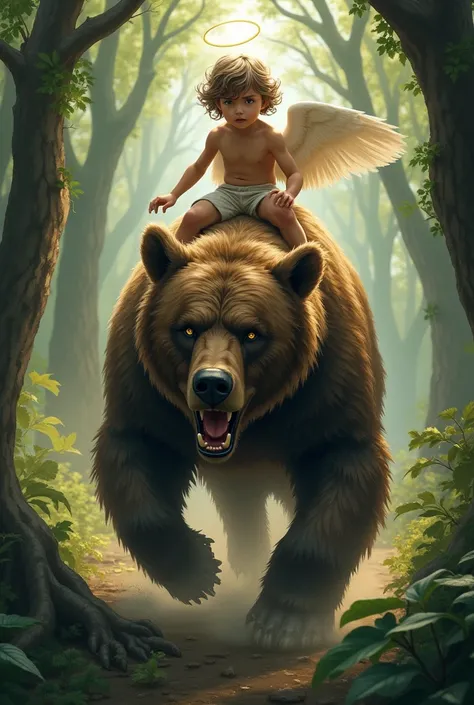  Beautiful boy with short wavy hair, riding a bear , Big angry bear running in a forest full of giant trees 