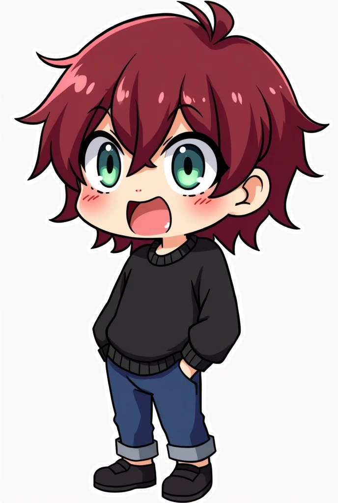 masterpiece, anime style, chibi, illustrated logo, medium short shot, emote for twitch of a boy with dark red hair, black sweater and very scary face with wide open eyes
and blue pants and black shoes, with green and dark blue pupils, shoulder-length hair,...