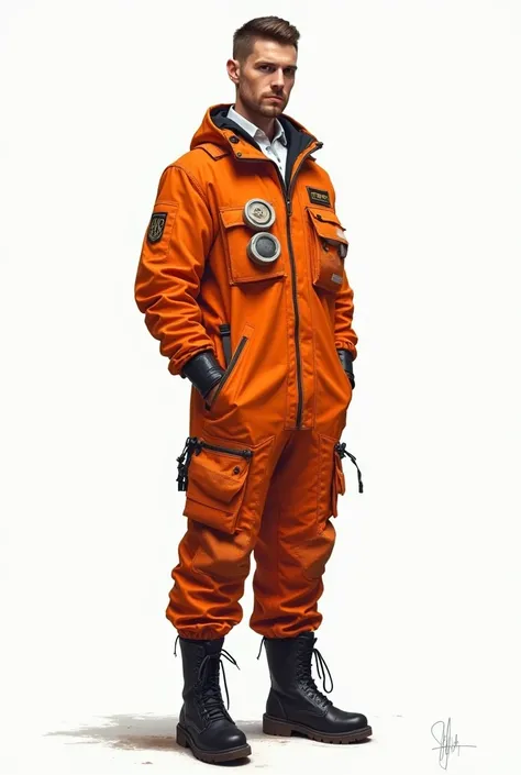 a 2d full body non realistic drawing of a brunette male human with a military short haircut and dressed with a damaged and burned orange astronaut suit dropped to the waist, and a white shirt, and black tactical boots