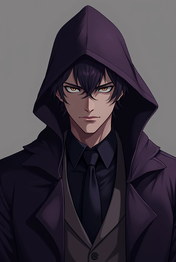 Dark, brooding male portrait,  close-up view.  Man with intense expression,  wearing dark-purple,  form-fitting coat with a matching hood.  Defined features,  sharp jawline,  and  intense, amber eyes.  Detailed shading and smooth lines create a dramatic, a...