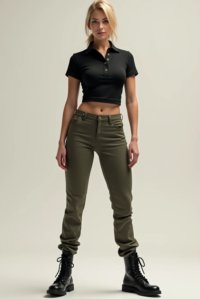  Woman with small waist and wide hips, blonde and firm-breasted ...  tight military pants, black polo and black military shoe.

The image must be full body 