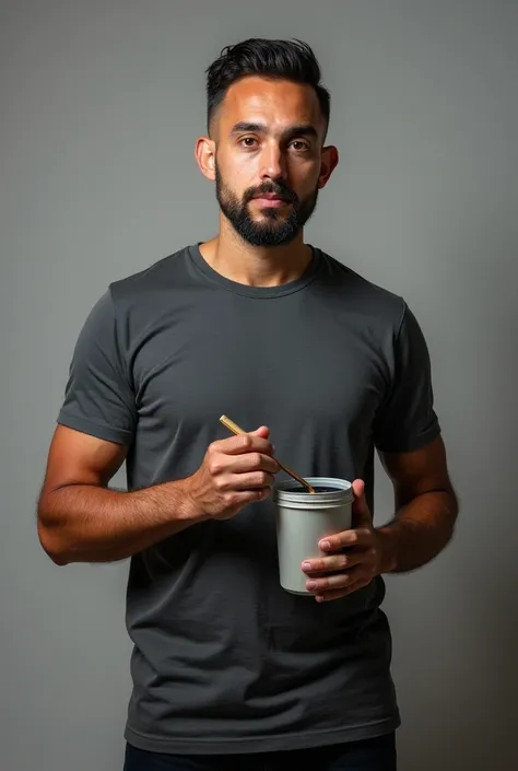 A screen printer man standing up and carrying a container of  ink with left hand and holding a spatula using the right hand ready for mixing the ink portrait facing camera