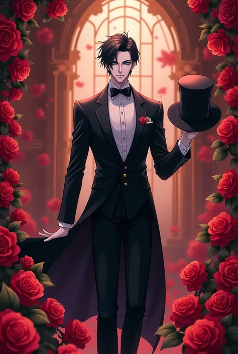 anime-style man with white skin and short black hair and blue eyes just like Darien Chiba from the anime Sailor Moon wearing his original tuxedo suit and mask and in the background a place full of red roses around him and holding an elegant tall hat