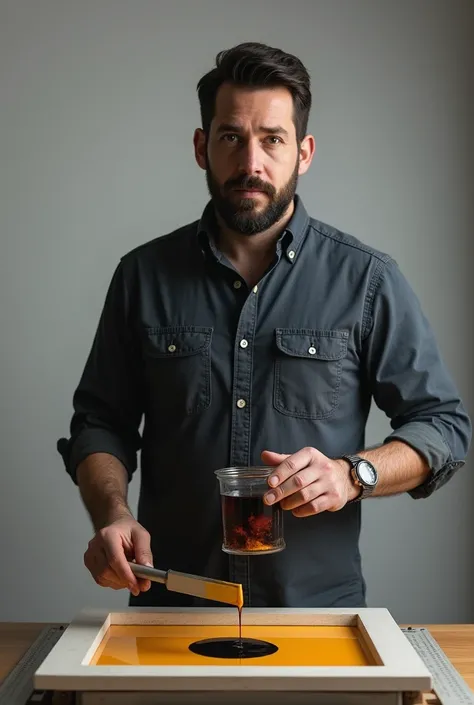 A screen printer man standing up and carrying a container of  ink with left hand and holding a spatula using the right hand ready for mixing the ink portrait facing camera