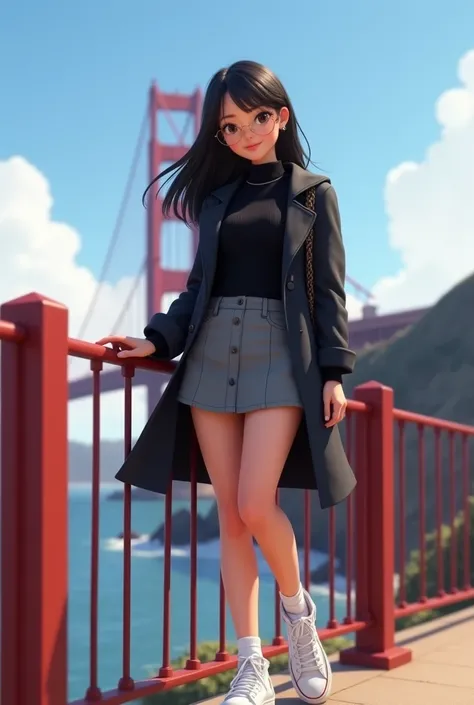 Woman 30, long straight black hair, wearing short grey school girl skirt with black sweater and black short trench coat with white converse high sneakers with white short socks. Leaning and posing at red tube low metal fence. With San Francisco’s Golden Ga...