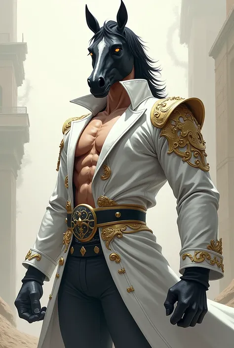 Tall man, brunette, with a fancy white outfit ,   with a brown horse mask that covers his entire head,  on top of the mask there must be a black tuft ,  the tuft has to be smoother and harder , And he cant smile ,  his clothes have to be more flashy ,  and...