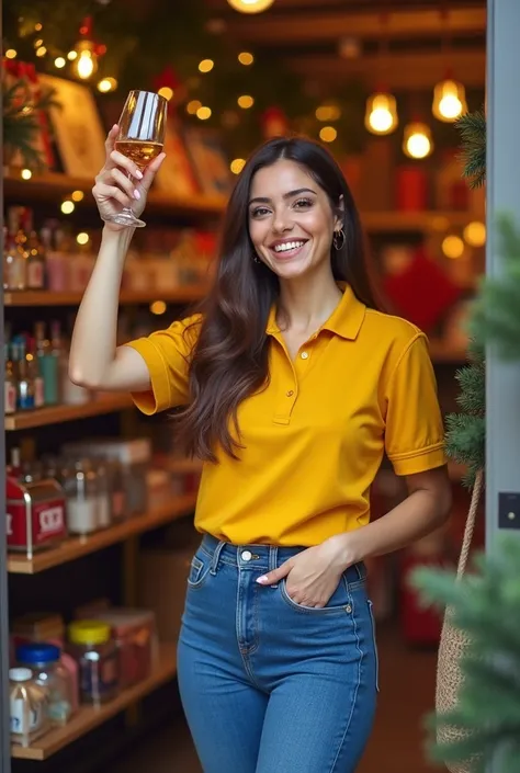  35-year-old woman , long dark brown hair, yellow polo ,  blue jeans pants ,  black shoes toasting the anniversary of their gift shop at Christmas time