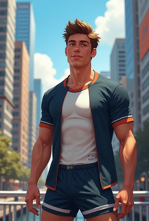 Young man wearing swim briefs and tshirt in the city 