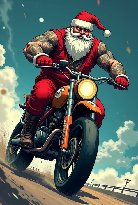 Tattooed muscular Santa Claus smoking a tobacco riding an enduro bike in anime style in the shape of a stiker