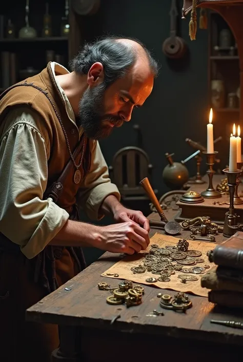  parts on a workbench A craftsman in a medieval workshop creates the first mechanical watch: на верстаке детали, gears, books.  parts on the workbench There are candles and tools nearby .