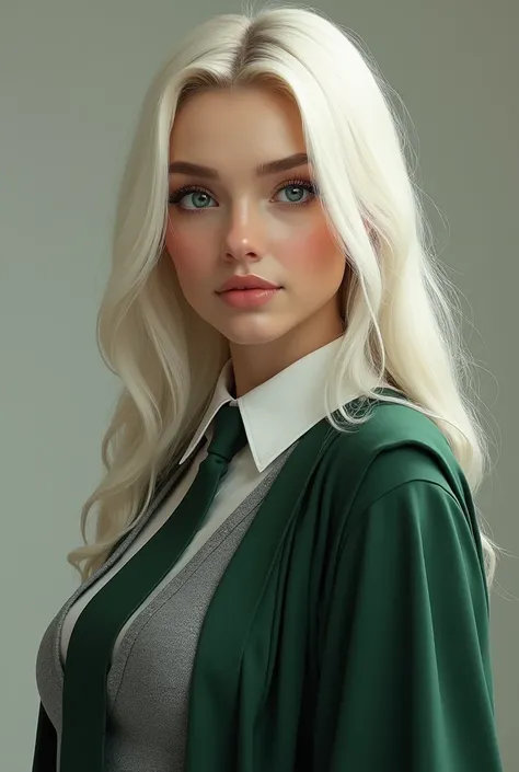 Medium-height girl ,realistic, platinum blonde hair and a length of 2m and straight,French bangs,medium blue eyes ,with long sleeve shirt, a gray vest and a green tie and a dark green slytherin tunic, with a physique similar to Marinly Monroe  