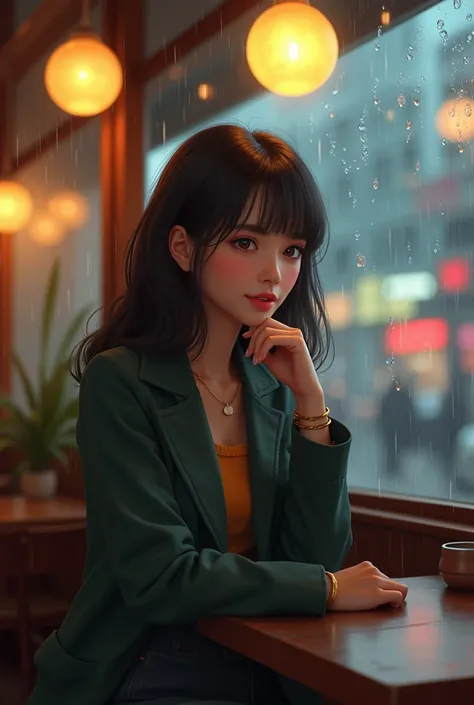 A girl waiting at the cafe, rainy, realistic shaded, pleasant face, good looking, fine details, 4K, realistic, shaded lighting poster by Ilya Kuvshinov katsuhiro otomo ghost-in-the-shell, magali villeneuve, artgerm, Jeremy Lipkin and Michael Garmash and Ro...