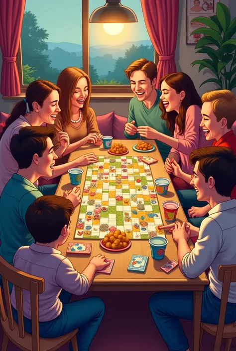 A vibrant and colorful illustration of a festive board game night, with friends and family gathered around a large wooden table, surrounded by a variety of board games, cards, and puzzles. The atmosphere is lively and joyful, with people laughing and chatt...