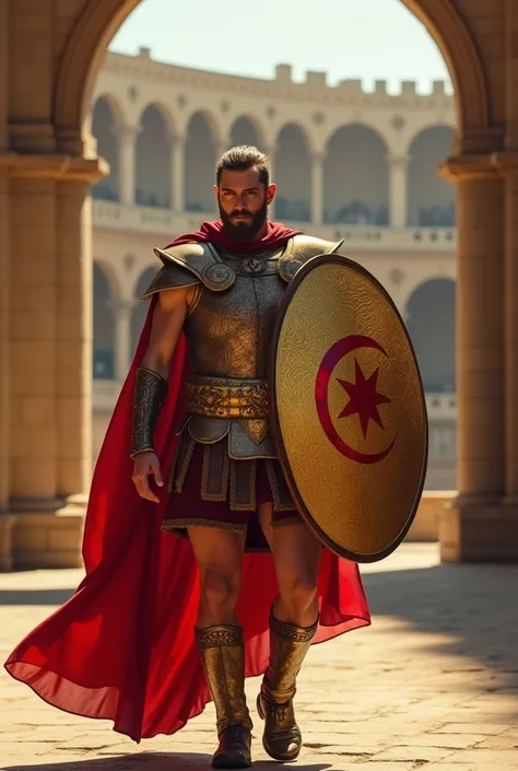 A Roman gladiator walks with pride and honor (gold shield and then gold shield with the Algerian flag green, white, Moon, Crescent Moon, red 5-pointed star).