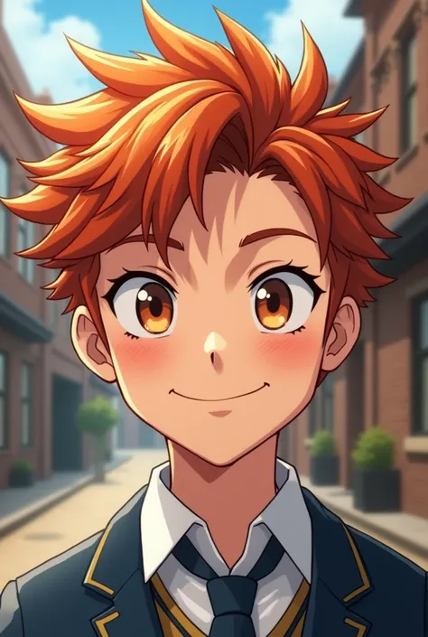 Young man,red hair, freckles, brown eyes,toned body,short and spiky hair,school uniform , British Smile, POV, detailed anime 