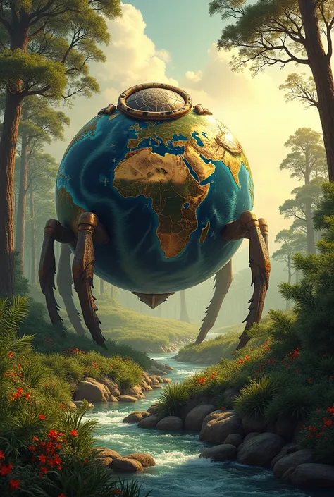 Earth globe rolled by scarab beatle nature background