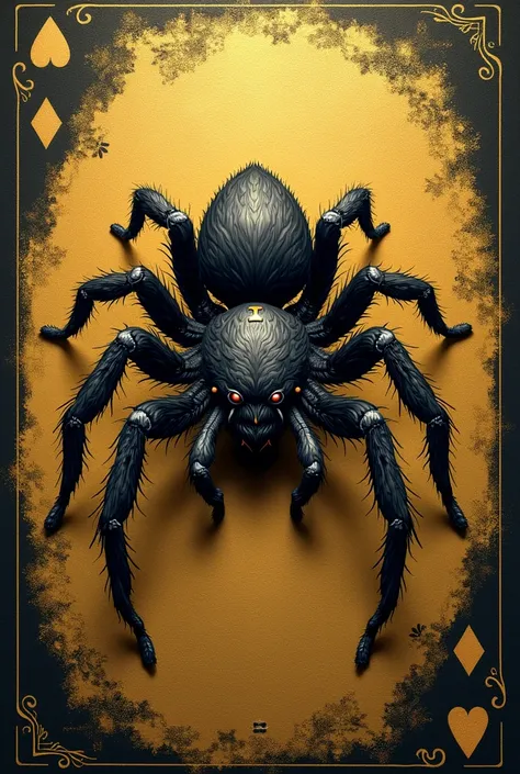 an image to print in 2d ,  on a gold and black card that instead of a joker is a spider, Make us look like a drawing 