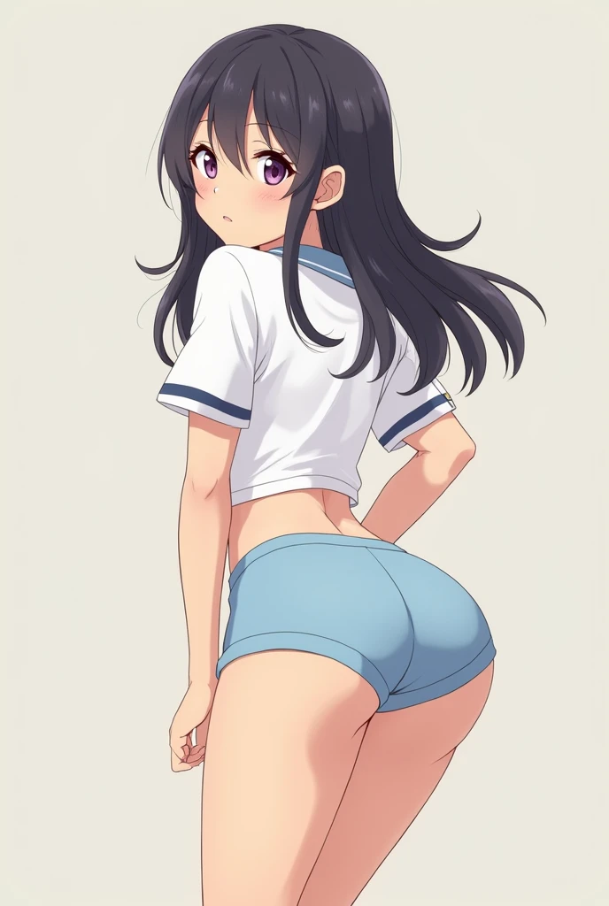 Japanese teenage woman sticking her butt out on a jump box,Light blue shorts,( small ass ),White short-sleeved gym uniform, portrait,Model,Long Hair,Rear view, blush, 