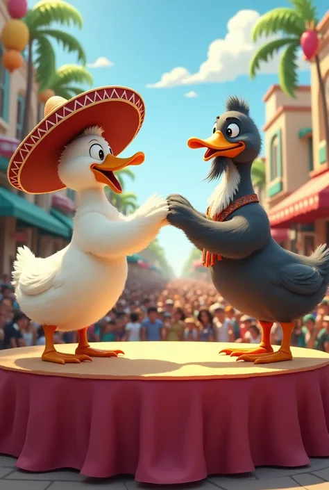  a duck in a Mexican hat shakes the wing of a bearded goose at a downtown ceremony on stage, a lot of people are watching them ,  the weather is sunny .