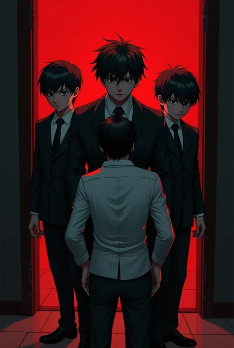 Create 3 boys wearing a school uniform .Supporting antagonists who participate in the torment 
 Create a real person with black and red background 
