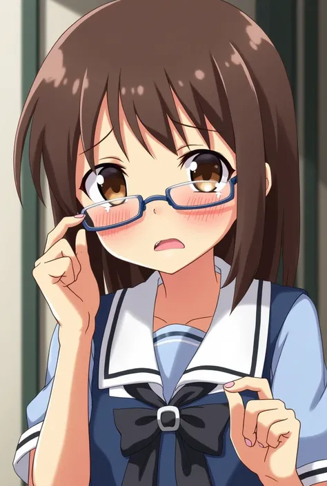 Brown Hair　High school girl　Holding glasses　 sad expression　anime　Japan　Brown eyes　A painful face　 distressed expression　 crying face 