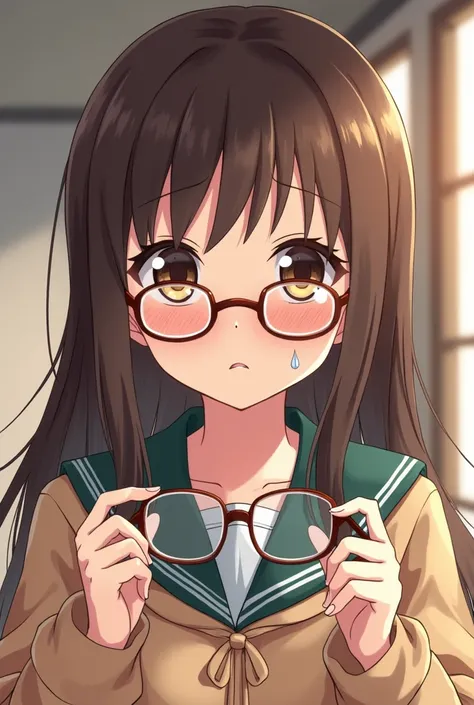 Brown Hair　High school girl　Holding glasses　 sad expression　anime　Japan　Brown eyes　A painful face　 distressed expression　 crying face 　tears