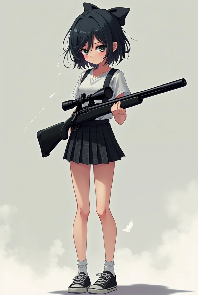 No black hoodie text , short black check skirt ,  standing with a strand of white hair,  hair is black and ,  wearing a dark black ribbon, Eyes are dark white, , eyes are small,  aiming a black sniper rifle in the hand, Short stature, Small hands , My hand...