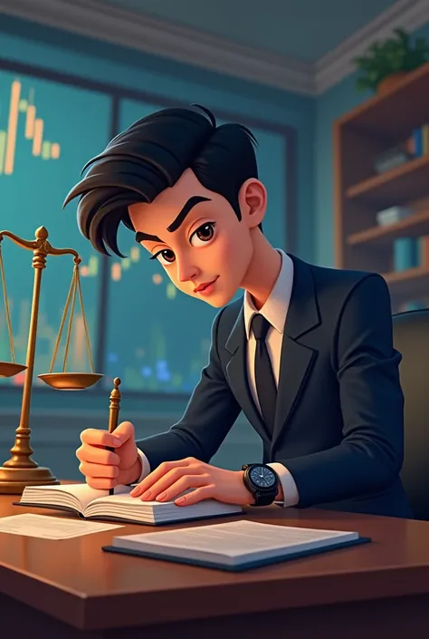 Here is the English translation of your request:

"Create an image of a young male lawyer wearing a suit, with black hair and black eyes. He should have a ring with a black stone on one hand and a black watch on the other. He should be reading a law book, ...