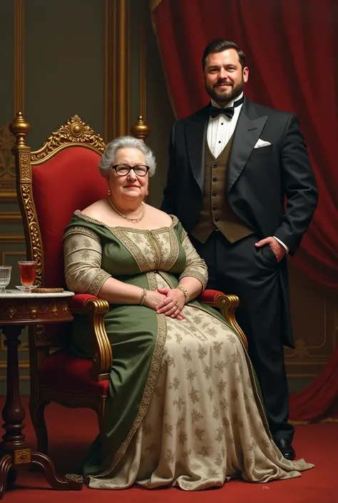 Royal couple portrait with a chubby queen with glasses is sitting down with black hair. A king with short dark hair and clean shaved stands next to her 