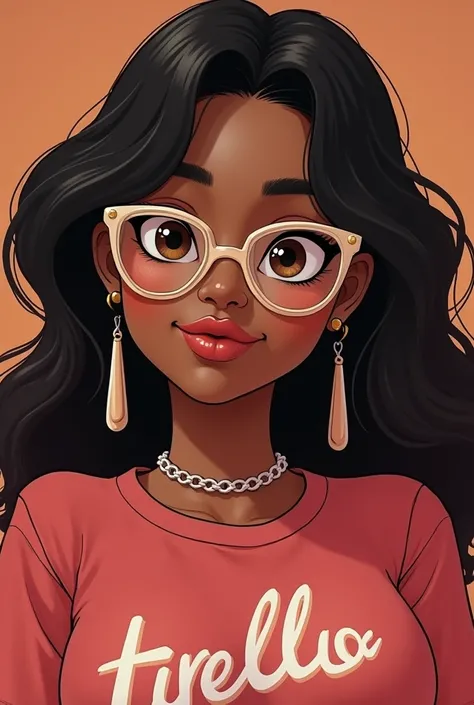 Chubby 26-year-old woman with dark skin with transparent glasses with a beige edge, wavy black hair wearing a hello fire club t-shirt, big brown eyes, semi-pink mouth with long earrings of the dignified pound 