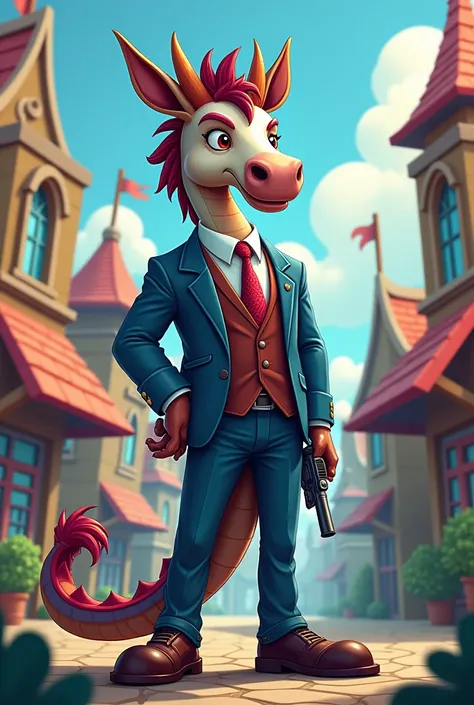 Create Discord  ( character from My Little Pony like a banker with his revolver ,  in a town I want it to be cartoonish I dont want it to look like it 
 ( Discord It is a draconequus ,  that has the following characteristics :

horse head.
snake body.
 bat...