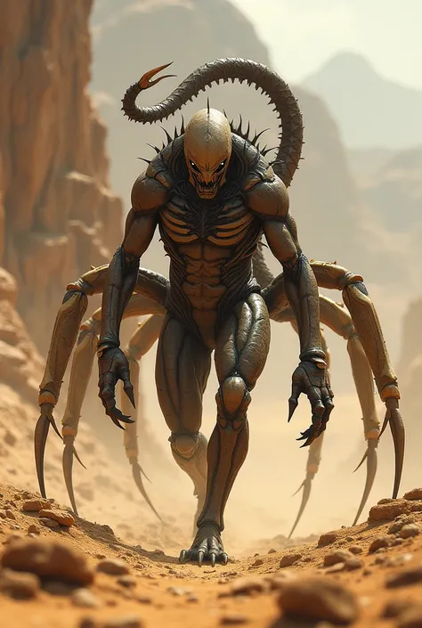  A scorpion with a venomous tail and a strong human body, walking in a desert landscape .