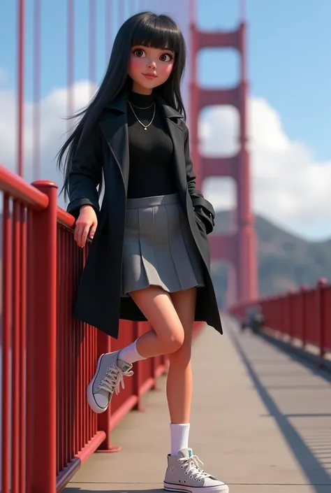 Woman 30, long straight black hair, wearing short grey school girl skirt with black sweater and black short trench coat with white converse high sneakers with white short socks. Leaning and posing at red tube low metal fence. With San Francisco’s Golden Ga...