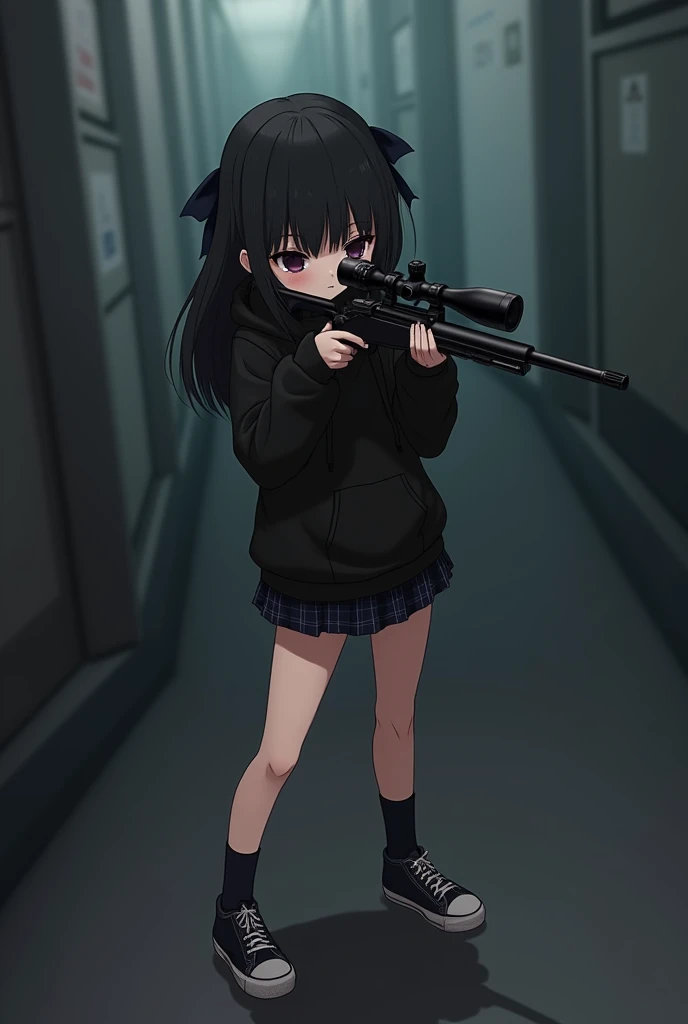  black hoodie with no text , short black plaid skirt,  Im standing with a strand of black hair ,  hair is black and ,  wearing a dark black ribbon, My eyes are dark black and , eyes are small, Aiming at the front with a black sniper rifle in his hand, Shor...