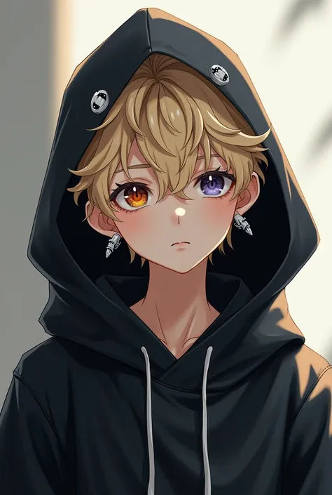 An 18-year-old white boy with blonde and curly hair , Who wears small silver-colored earrings and wears a black hooded overcoat with anime-style vertical pupil eyes