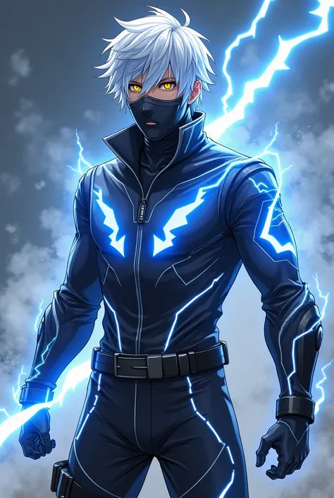  An anime-style male human character with silver hair a yellow eye wearing a futuristic high-tech costume with lightning symbols with black boots and black pants.He has the power of lightning .He wears a mask 