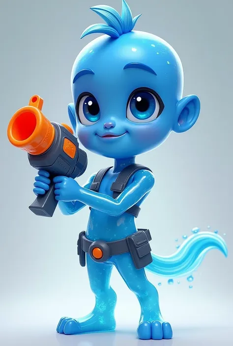 Generate a human boy character with blue skin with a water texture and a transparent body with a small hair and with a single large toy water gun held by both hands, And toy weapons around the waist for the game Brawl Stars 