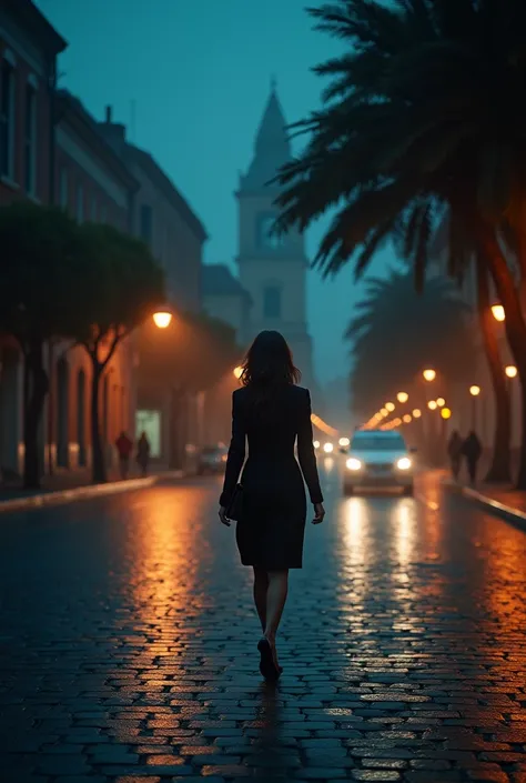 Photo of a woman leaving work walking in the upscale neighborhood of Cambuci at night in a deserted square image 9x16 