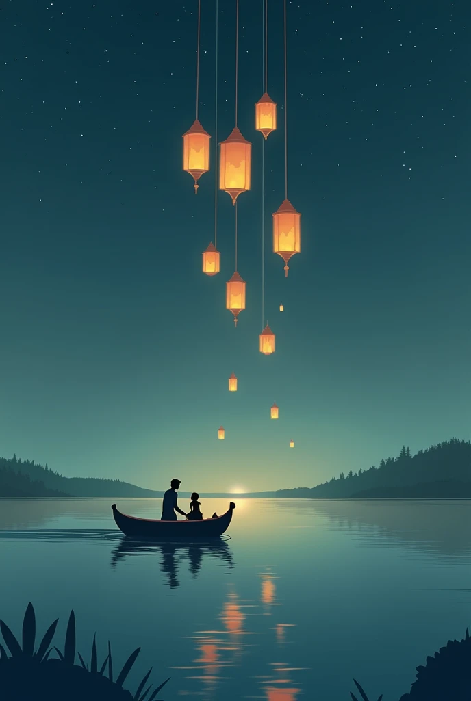 Pictogram of a scene from the movie Rapunzel when she observes the lights floating in the sky from her boat with the prince but using shapes and not people 