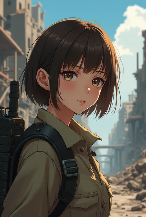 a woman ( in anime style) Short-haired and brown-haired ,  cut off at chin height for practicality in the devastated world in which she lives .  Her brown eyes are expressive and tend to narrow when observing the environment around her , always looking for...