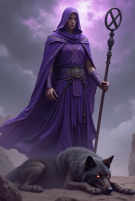 A purple warrior with the symbol of an x. Stepping on a wolf