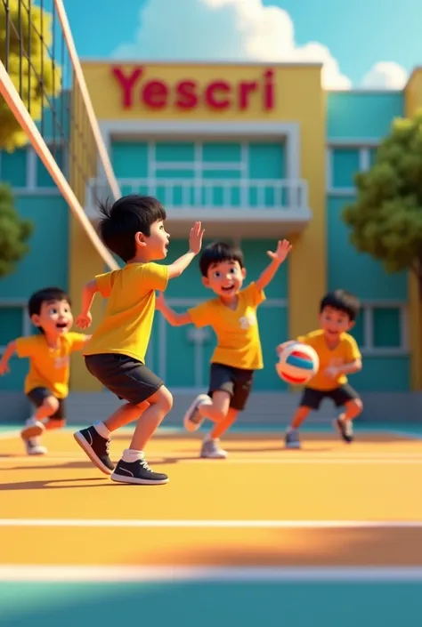 boys and girls playing volleyball on a court with yellow and black uniforms and in the background a façade of a volleyball school with the name Yescri. and 3D 