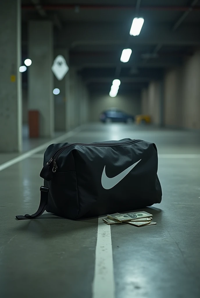 un sac de sport nike noir poser par terre dans un parking sous terrain avec de l’argent dedans 