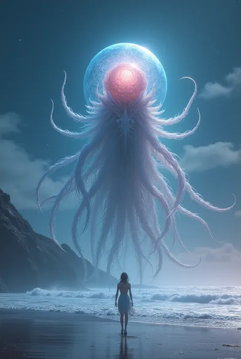 An Ophilim being standing on an alien beach at twilight, its semi-translucent body shimmering under the light of a binary star system. The creature has a central bulbous core and long, flowing tentacles that gently move in the breeze. The background featur...