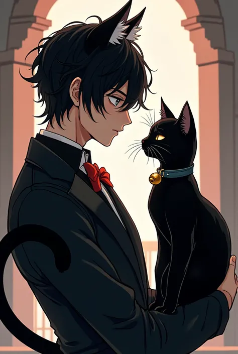 Manga Un bel homme aux cheveux noir avec des oreilles de chat et une queue de chat, portant un chat noir face à lui souriant malicieusement et avec charme. Dans une tenue loze noir avec un collier avec une clochette 