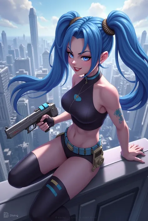 Fond d ecran HD de jinx avec des tresses qui arrivent à ses chevilles regardant une ville vu de haut avec un pistolet à la main