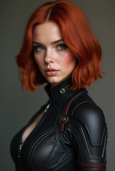 (masterpiece), (best quality), (photorealistic:1.3), 8k, detailed skin texture, detailed cloth texture, beautiful detailed face, intricate details, ultra detailed, Black Widow in the style of the Captain America, straight red hair, (full-length body:1.2)