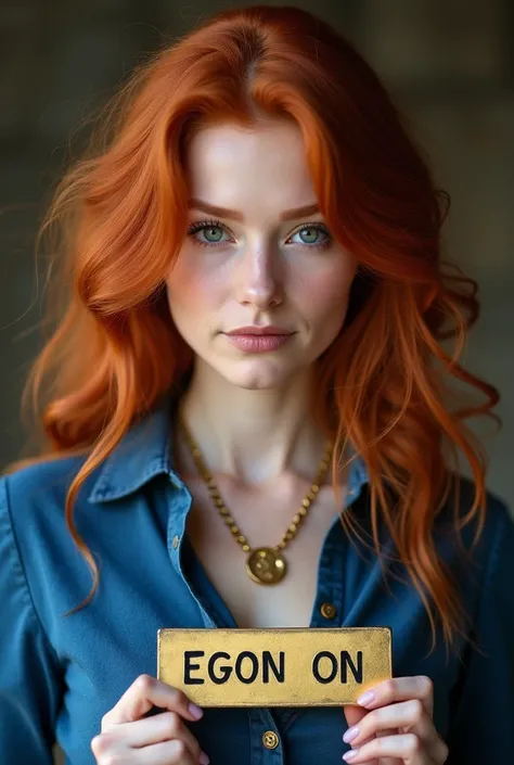 beautiful woman with red hair and a necklace around her neck, Sofia Turner, blue wool blouse, neckleace, gold bar, beautiful red-haired woman, portraite, red-haired woman, beautfull woman, She is redhead, red-haired girl, holding a sign that reads " EGON O...