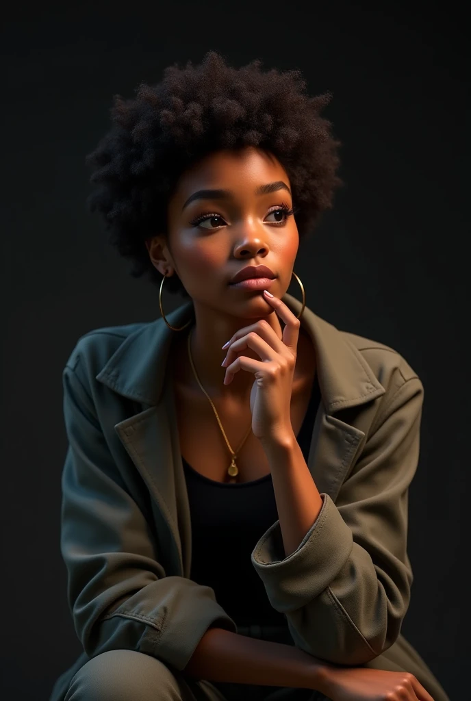  a teenage woman sitting with her hand on her chin , dark but not so black skin color , Good Style, defined hair
