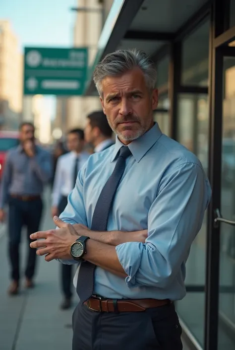 A nervous man watching the time at the bus stop and thinking that he will be late for work and the boss will challenge him